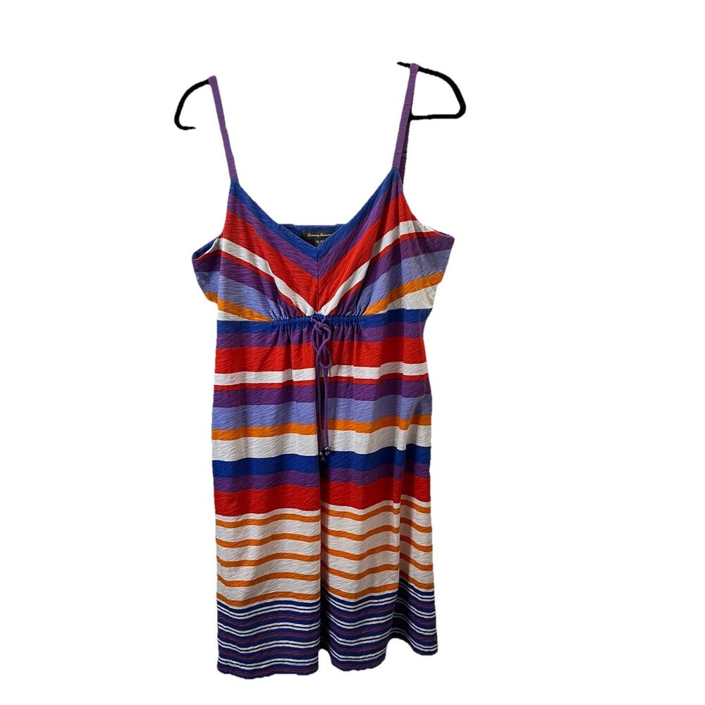 Tommy Bahama Striped Purple Red Blue Strappy Tie Cinch Waist Dress Womens Sz XL